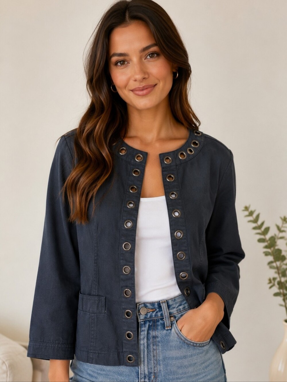 Live A Little Navy Whimsigoth Grunge Minimal Metalic Eyelet Y2K Grommet Jacket M